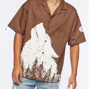 Twill Wolf Graphic Button-Front Shirt